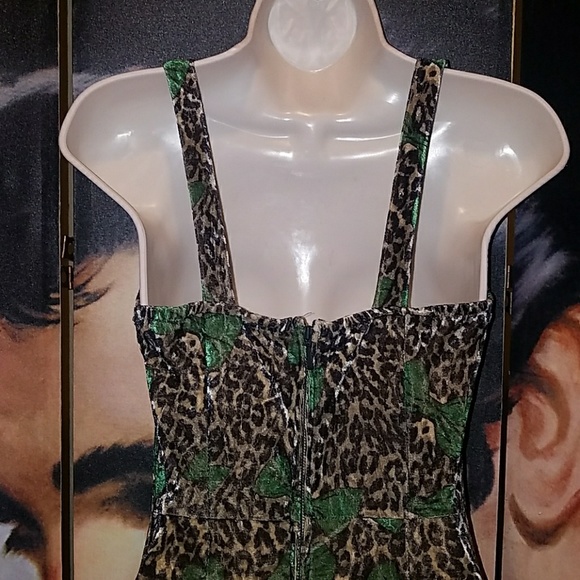 Tatyana Leopard Glam 1950's Pinup Velvet Pencil Halter Dress w Green Bow - Picture 8 of 8